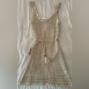 Beige tan crochet tassel tie waist mini dress Anthropologie boho bohemian